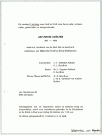 Overlijdensbericht A. Adriani (1984)